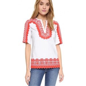 Tory Burch White Isla Tunic Blouse Short Sleeve Embroidery eyelet Trim